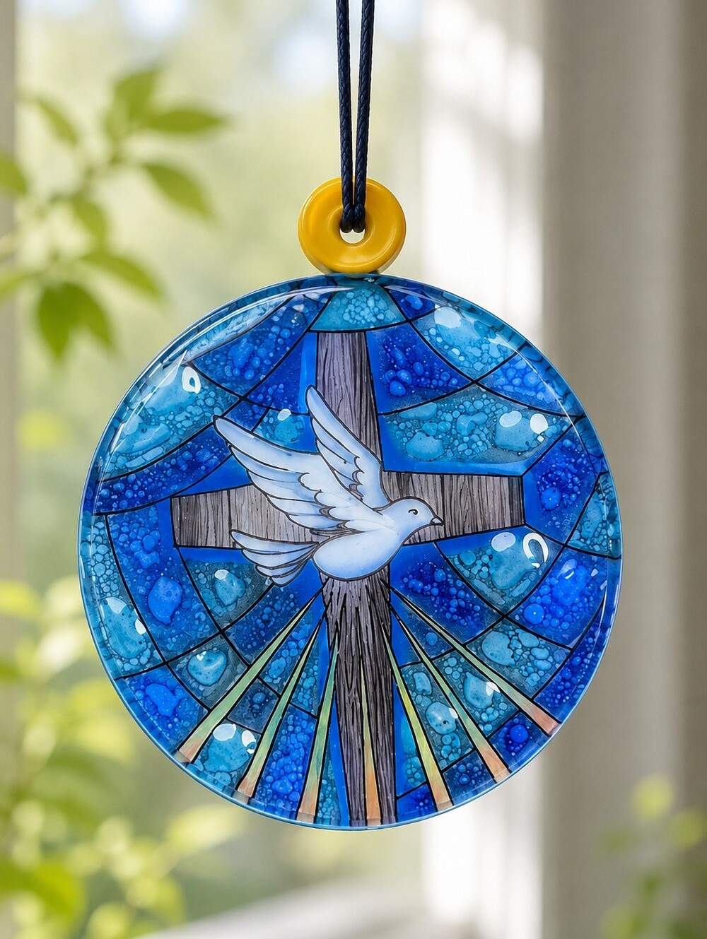Pampeana Ecuador Dove & Cross Fused Glass Suncatcher Ornament 2.5โ